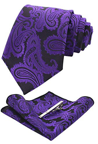 JEMYGINS Graziös Paisley Elegant Herren Krawatte und Einstecktuch mit krawattenklammer Sets (Lila2)