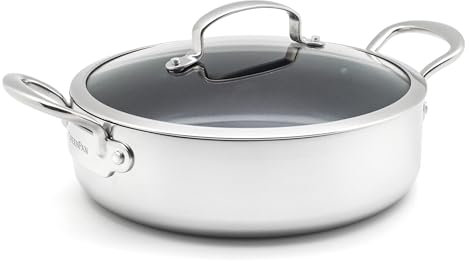 GreenPan Barcelona Evershine Tri-Ply Stainless Steel Healthy Diamond Reinforced Ceramic Non-Stick 26 cm/3.8 Litre Sauté Pan with Glass Lid, PFAS-Free, Multi Clad, Induction, Oven Safe, Silver