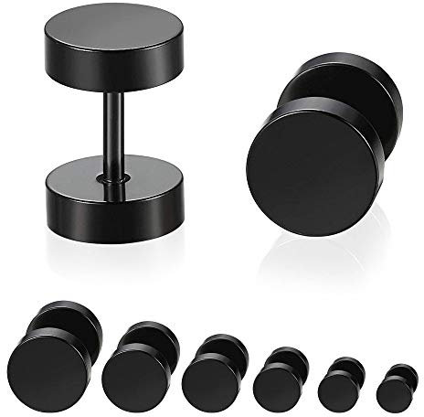 NACAIKJ 6 paia di orecchini a bilanciere con vite ipoallergenici, orecchini rotondi con chiodo per trago, nero, da 4 mm, 5 mm, 6 mm, 7 mm, 8 mm, 10 mm, 1