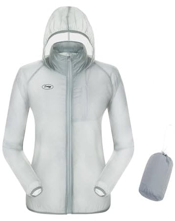 Dooy Running Cycling Jacket, Windproof Water-Repellent Bike Windbreaker, Hooded UV Protection Outdoor Coat, Ultralight and Packable (Grey, M)