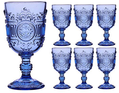 Wine Glasses Set of 6 Blue Embossed 300ml Drinking Goblets Alfresco Dining Glassware