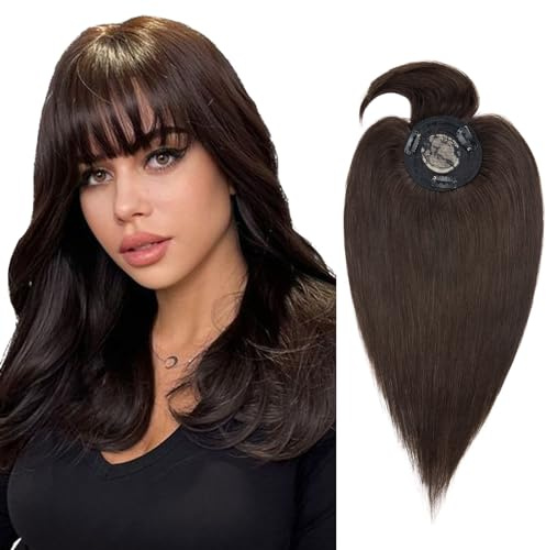 Silk-co Topper Extensions Haarteile Echthaar Clip in Extensions Echthaar Weich Natürlich Glatt Toupet Haarverlängerung mit Pony(11cm lang) 7A Remy Haare 50cm-49g 02# Dunkelbraun