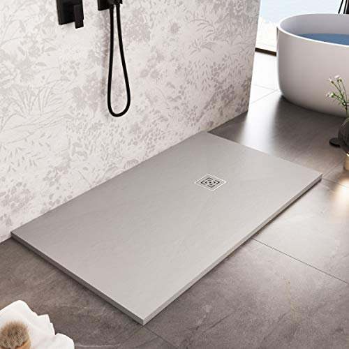 Essence ArredoBagno Plato de ducha de resina 100 x 80 cm – Efecto piedra antideslizante con Gelcoat – Modelo Rome gris claro – Rejilla y desagüe incluidos