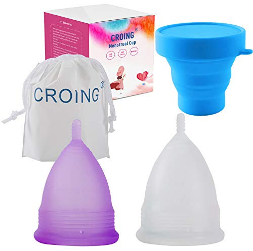CROING 𝙋𝙚𝙧𝙞𝙤𝙙 𝘾𝙪𝙥 Reusable 2 pcs Menstrual Cups with 1 pc Silicone Cup and 1 pc Storage Bag, Period Cup