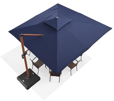 PURPLE LEAF Alu Sonnenschirm Groß Ampelschirm 330 x 330 cm Holzoptik Doppeldach Gartenschirm mit Kurbel 360° Drehbar XXL, Sonnenschutz UV50+, Marineblau