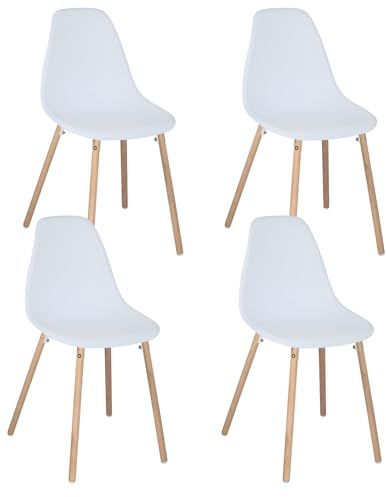 KAYELLES Lot de 4 chaises scandinaves de Cuisine Design. Siège en Plastique Blanc Souple et résistant, Pieds en Bois de hêtre Clair OVA (Blanche)