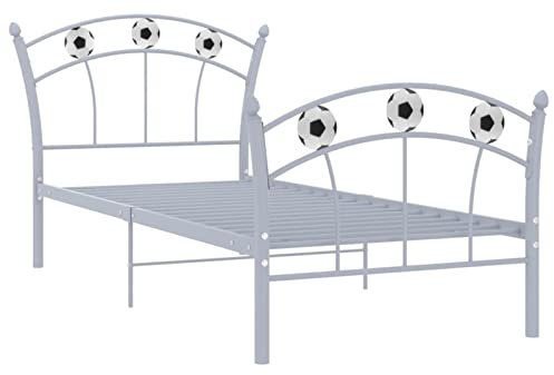 Susany Metallbett, Metallbettgestell mit Lattenrost, Einzelbett Jugendbett Kinderbett Bettrahmen mit Fußball-Design Grau Metall 90x200 cm