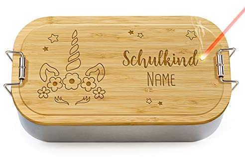 PR Print Royal Brotdose mit Gravur selbst gestalten - Schulkind Einhorn - mit Name personalisieren - Geschenk für Kinder zur Einschulung, Geburtstag, Schule - Lunchbox, Holzdeckel, BPA-frei, 600 ml