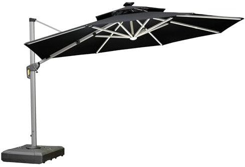 PURPLE LEAF Parasol De Jardin Extérieur 3,65 m Rond avec LED, Parasol Déporté avec Manivelle, Parasol Excentré Inclinable avec Housse de Protection, Gris acier