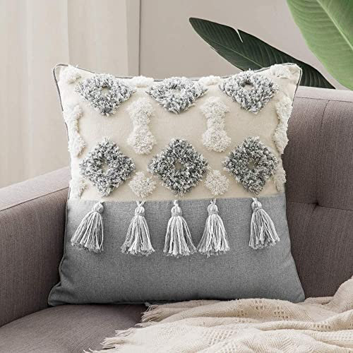 MOCOFO Kissenbezug gewebte getuftete Quastenkissen Sofakissen böhmische Stickerei nur Kissenbezug Sofa Schlafzimmer Auto Wohnzimmer (beige und grau, 45x45cm)