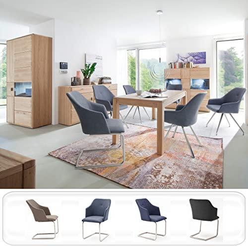 expendio Esszimmer Torrent 145 Eiche Bianco massiv + Stühle Marion B3 Kunstleder graublau LED Esszimmerschrank Sideboard Highboard, Anzahl Stühle:mit 6 Stühlen