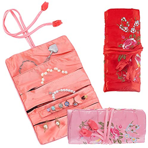 PH PandaHall 2 stücke Blume Brokat Tasche Stickerei Schmuck Tasche Faltbare Reisetasche Floral Seide Tasche Lagerung Fall mit Krawatte Schmuck Organizer Rolle für Ringe Halsketten Ohrringe Armbänder