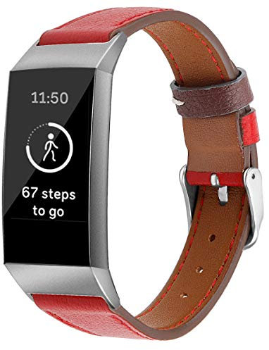 Juaupepo Echtleder-Armband, kompatibel mit Fitbit Charge 4/3, verstellbares Leder-Sport-Ersatzarmband für Damen und Herren (klein, rot)