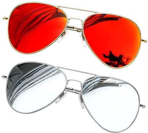 KANASTAL 2er Set Groß Polarisiert Sonnenbrille Herren Damen Verspiegelt mit Premium Metallrahmen UV400 Schutz, Silber Rahmen Silber Gläser und Gold Rahmen Orange Rot Gläser