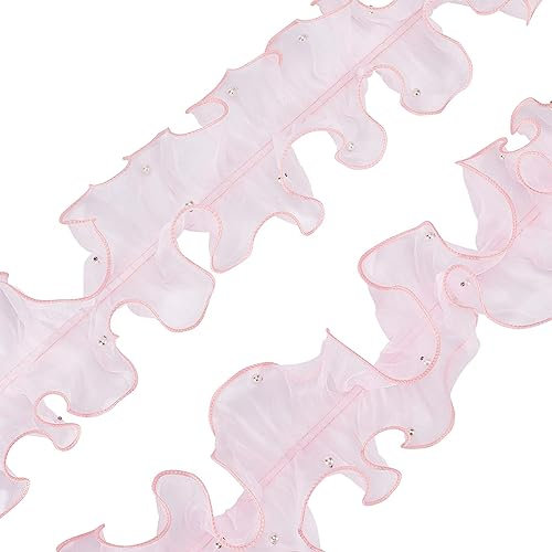GORGECRAFT 4.6mx11cm Rosa Plissiertes Organzaband Mit Perlen Rüschen Spitzenbesatz geraffte Besätze Chiffonperlen Spitzenkantenbesatz Stoff Bekleidungszubehör Für DIY-Applikationen Nähen Basteln