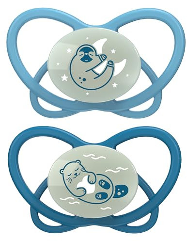nip - Butterfly Night | 5-18 Monate | 2er Pack | Stillfreundlicher, zahnfreundlicher Babyschnuller mit Leuchtknopf inkl. Schnullerbox. Nachhaltiger Schnuller mit weichem Silikonsauger, Hellblau/Blau