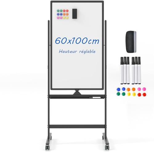 COSTWAY Tableau Blanc Effacable 60x100cm, Tableau Blanc sur Pieds Double Face, Hauteur Réglable sur 2 Positions, Tableau Magnetique Roulettes pour École, Bureau(60x100cm, Noir)