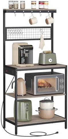 VASAGLE Bäckerregal mit Ladestation, 80cm Kaffeebar mit verstellbarem Lagerregal, Mikrowellenständer, Gitterplatte, 12 Haken, für Küche, Heather Greige und Tintenschwarz UKKS016K02