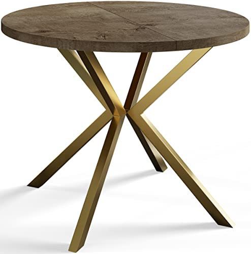 AlpiMeble Runder Esszimmertisch LOFT LITEN, ausziehbarer Tisch Durchmesser: 120 cm/200 cm, Wohnzimmertisch Farbe: Grau, mit Metallbeinen in Farbe Gold