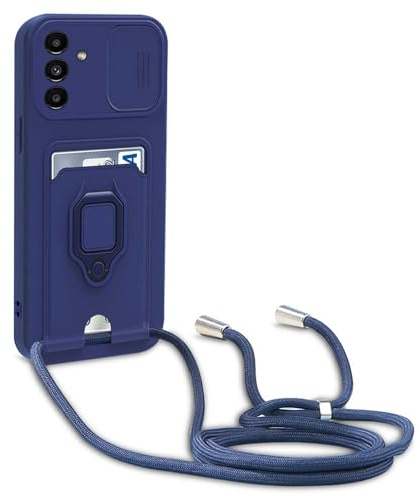 YFSYLL Handykette Schutzhülle kompatibel mit Samsung Galaxy A55 Handyhülle mit Band,Silikon Handyhülle Case mit Schiebe Kameraschutz,360 Grad Ringhalter Stand,Kartenfach,Blau