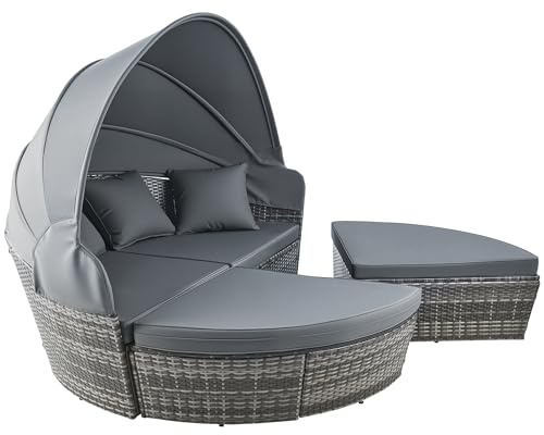 VONLUCE 4 Piezas Tumbona de Cama de Ratán para Jardín Sofá Cama con Cojínes y Almohadas Cama Modular Exterior con Toldo Ajustable