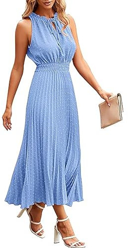 ONAYEYO Damen Sommer Plissee Lang Kleid V Ausschnitt ärmellos Schweizer Punkt Sommerkleid Elegant Hohe Taille Abendkleid Midikleid Casual Einfarbig Strandkleid (S, Hellblau)