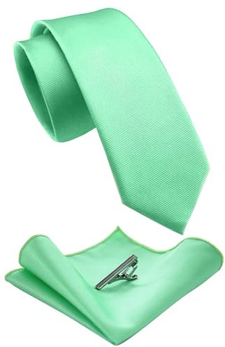 JEMYGINS Schmale Herren Krawatte und Einstecktuch krawattenklammer Set 6cm Minzgrün