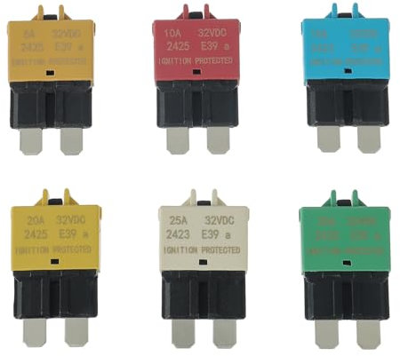 HUAREW 12V-32V Disjoncteur de Fusible à Réinitialisation Manuelle E39 Disjoncteur ATC à Profil Bas, 5A 10A 15A 20A 25A 30A (mixte 6pack)