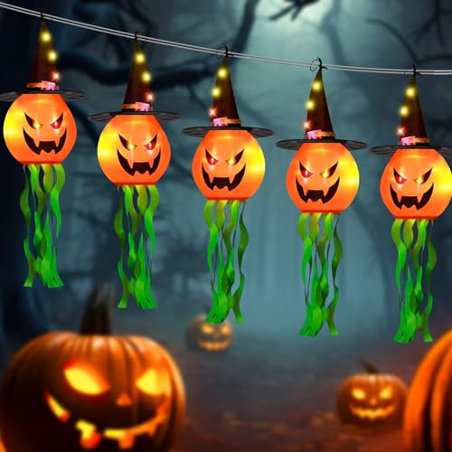 Halloween Leuchtende Deko Mit Hexenhut - 5 Stück Kürbis Beleuchtung für Garten, Hof und Freien