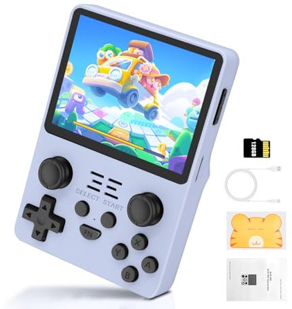 POWKDDY RGB20S Retro Handheld Spielkonsole, 3.5 Inch IPS Screen Open Source Linux System, Pocket Gamer, 128G, Blau