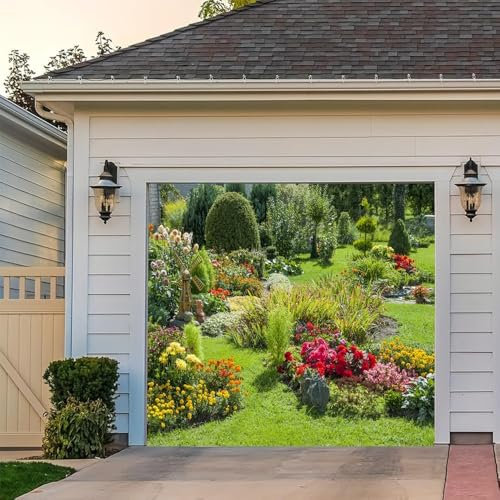 Leyiyi 2,1 x 2,4 m Garten Garagentor Dekoration Banner Frühling Sommer Park Bunte Blumen Grünpflanzen Grasland Garten Natur Landschaft Garage Hintergrund für Teeparty Indoor Outdoor Wand Tür Haus