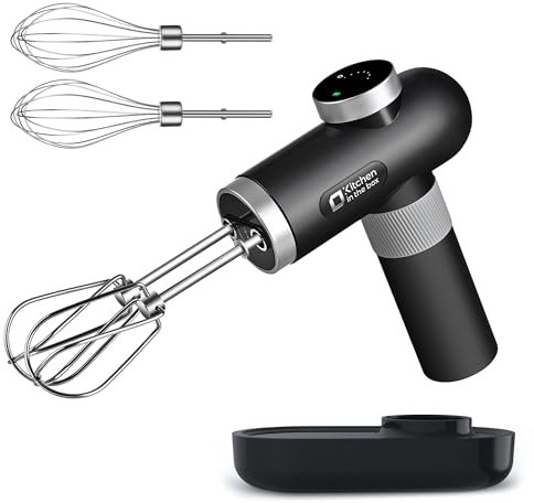 Kitchen in the box Batidora de mano recargable inalámbrica para cocina, batidora eléctrica portátil con batidores, batidores, pantalla digital de 6 velocidades, base de carga y cable de carga USB-C