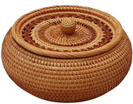 LOJAX Natürlicher Rattankorb, runder Weidenkorb mit Deckel, Picknick und Aufbewahrung, Korb mit Deckel, Picknickkorb, Rattan-Obstkorb für Couchtisch