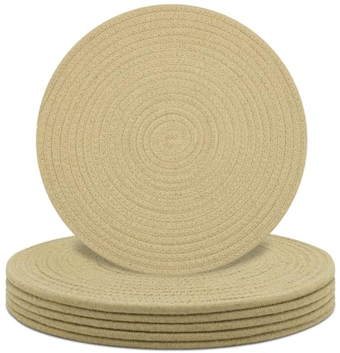 Round Placemats Set of 6, Cotton Rope Woven Table Mats, Hot Pads for Kitchen, Non Slip Heat Resistant Place Mats, 13 Inches Braided Placemat for Farmhouse Decor and Kitchen Table Decor (Khaki)