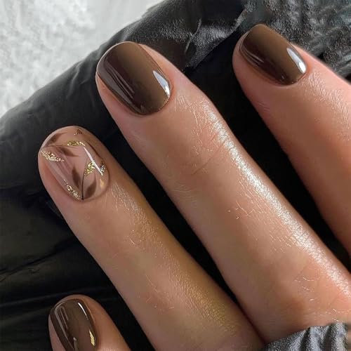 Kabwea 24 Pièces Ongles Press-Ons Marron Foncé Courtes Carrées avec Accents Feuille Dorée et Design Pailleté, Faux Ongles, Ongles à Presser, Ongles à Coller