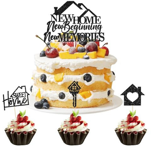 Wasise New Home Cake Toppers - Housewarming Party Decorations, Welcome Sweet Home Decorations, Housewarming Cupcake Insert Toppers, Congratulations Cake Topper, Key House Glitter Paper Decoration
