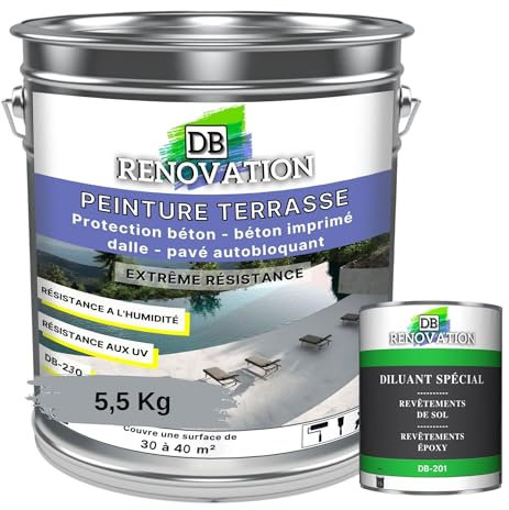 PEINTURE SOL TERRASSE Extérieur pour béton, pavé - Forte protection UV - Haute imperméabilité - Passage fréquent - Gris fenêtre 5,5KG + 1L Diluant