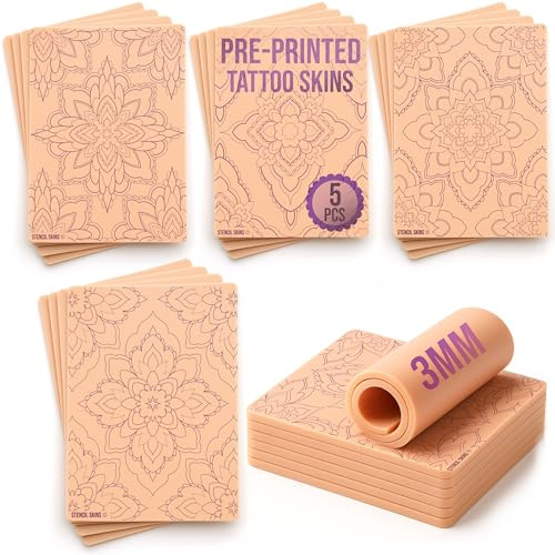 Stencil Skins Pre Printed Tattoo Fake Skin Set, 5 Intricate Geometric Designs, 3mm Silicone Fake Skin, For Line Work, Shading & Colour Practice Ideal for Artists & Beginners Mandala