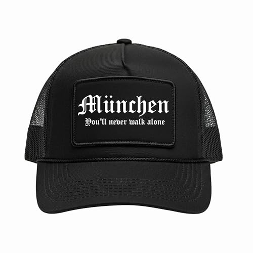 UGLYSHIRT München Never Walk Alone Cap | Basecap mit Frontschrift – Verstellbare Schirmmütze für Fußballfans & Crew aus Bayern – Streetwear Mütze in Schwarz