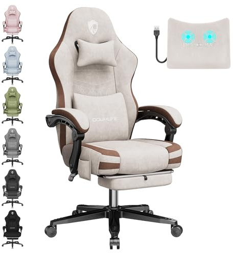 Douxlife Sedia Gaming in tessuto con Cuscino Lombare Massaggiante, Ergonomica Sedia da Ufficio con Cuscino Primaverile, Poggiapiedi, Portata 158kg, Beige