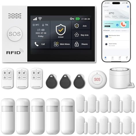 Clouree 4,3 Zoll Touchscreen Alarmanlage für Haus 4G, 24-teiliges WLAN Alarmanlage Haus, Wohnung mit Sirene, 5 PIR-Bewegungsmelder, 3 Fernbedienungen, 10 Fenster-/Türsensor