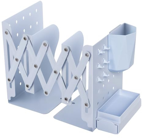 Serre-livres réglables en métal pour étagères pour enfants, organisateur de livres pour bureau avec porte-stylo, boîte de rangement, crochets, support de livre pour bureau, école, bibliothèque (bleu)