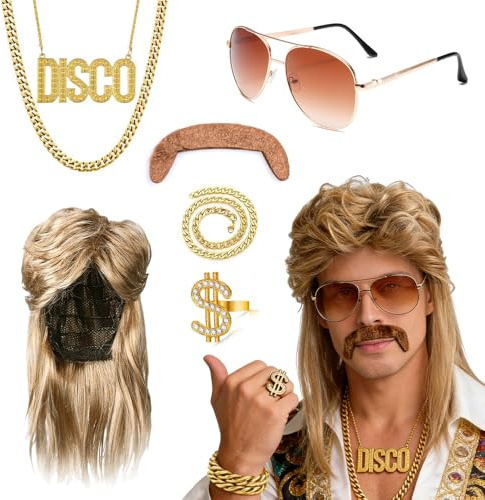 XPJBKC Vokuhila Perücke Herren, 7er Perücke Vokuhila, 70er 80er PerückE HerreN, Outfit Herren mit Blond Perücken Wig Sonnenbrille Halskette Schnurrbart, für Karneval Faschingskostüm Cosplay Party