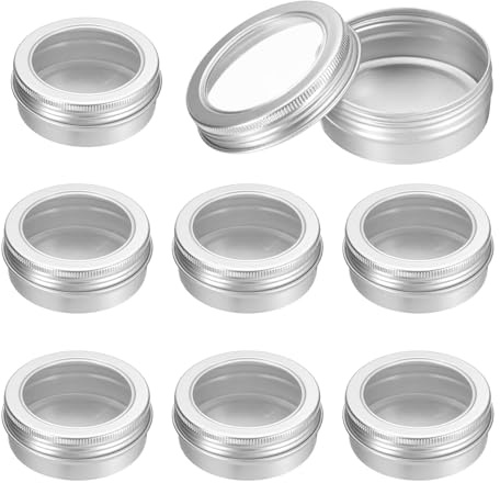 QUARKZMAN 8 Stück Blechdose 2 Oz Runde Dosen Kleine Metallbehälter Silber | Kosmetik testenbehälter, Aluminium, Reisegröße, Mit Klarem Deckel, Für Lotion Bars Bartbalsam Kerzen