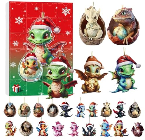 Dragon Ornament Adventskalender - 2D Acryl Dekor 24 Tage Drachen Weihnachten Countdown Dekorationen mit festlichem Design für Home Tree Auto Rückspiegel Wand Tür Erwachsene Kinder Urlaub Ho