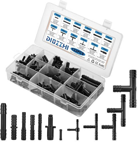 DIOZZHI 122Pcs Barbed Automotive Vacuum Connector Assortment Kit, 12Sizes Including Nylon Tee and Reducer Connectors for Replacing Vacuum Hose,Black