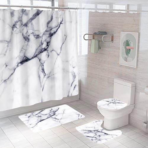 Badgarnitur 3 Teilig Badezimmerteppich Waschbar Badematte rutschfest,Wc Vorleger Mit Ausschnitt Und Badematte, Badvorleger Toilette Teppich 45X75Cm Marmor