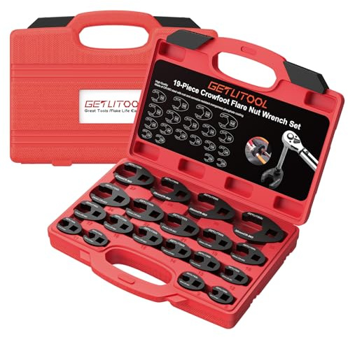 GETLITOOL 19Pcs Crowfoot Wrench Set, CR-MO Steel Crows Foot Wrench Set with Storage Case, Oil Pipe Wrenches with Black Phosphate Coating for Automotive and Plumbing, 8mm-32mm