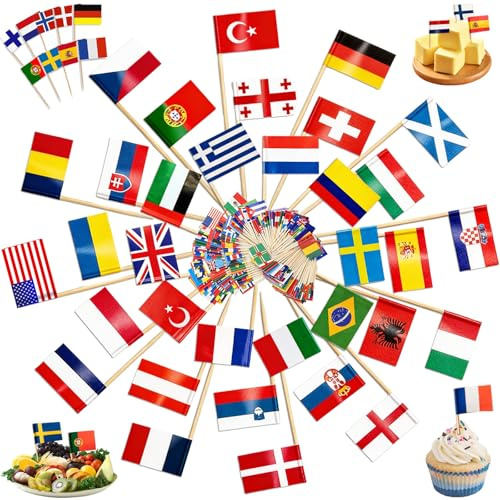 WiDream 100 Stück Internationale Zahnstocher Cocktail Flagge | Verschieden Länder Flagge Zahnstocher Flagge für 2026 WM Fußball EM Eurovision 2026 WM Olympische Bar Party Dekoration