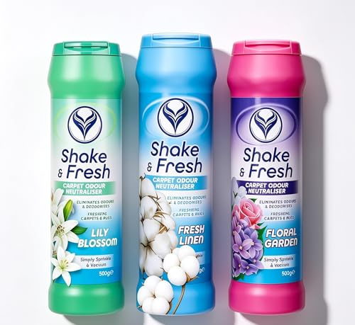 Pack Of 3 Shake and Vac Carpet Freshener Powder | Carpet Odour Neutraliser & Deodoriser | Eliminates Pet, Smoke & Cooking Smells|500gx3 Fresh Linen, Floral Garden, Lily Blossoms